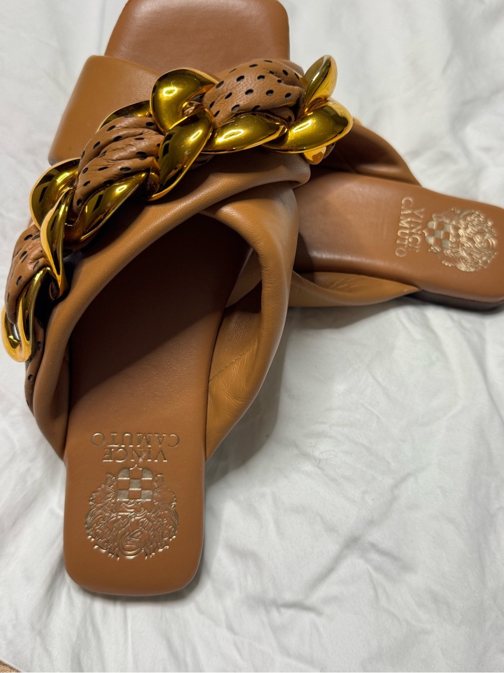 Vince Camuto Cognac Leather Slide Sandals with Gold Chain
